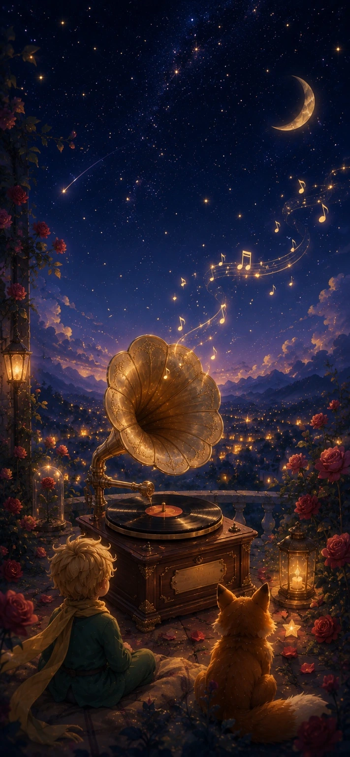星空、玫瑰、小王子、狐狸与复古留声机